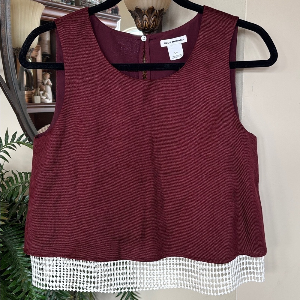 Club Monaco Burgundy Linen Blend Sleeveless Crop Top w/ White Mesh Lace Underlay - Picture 5 of 15